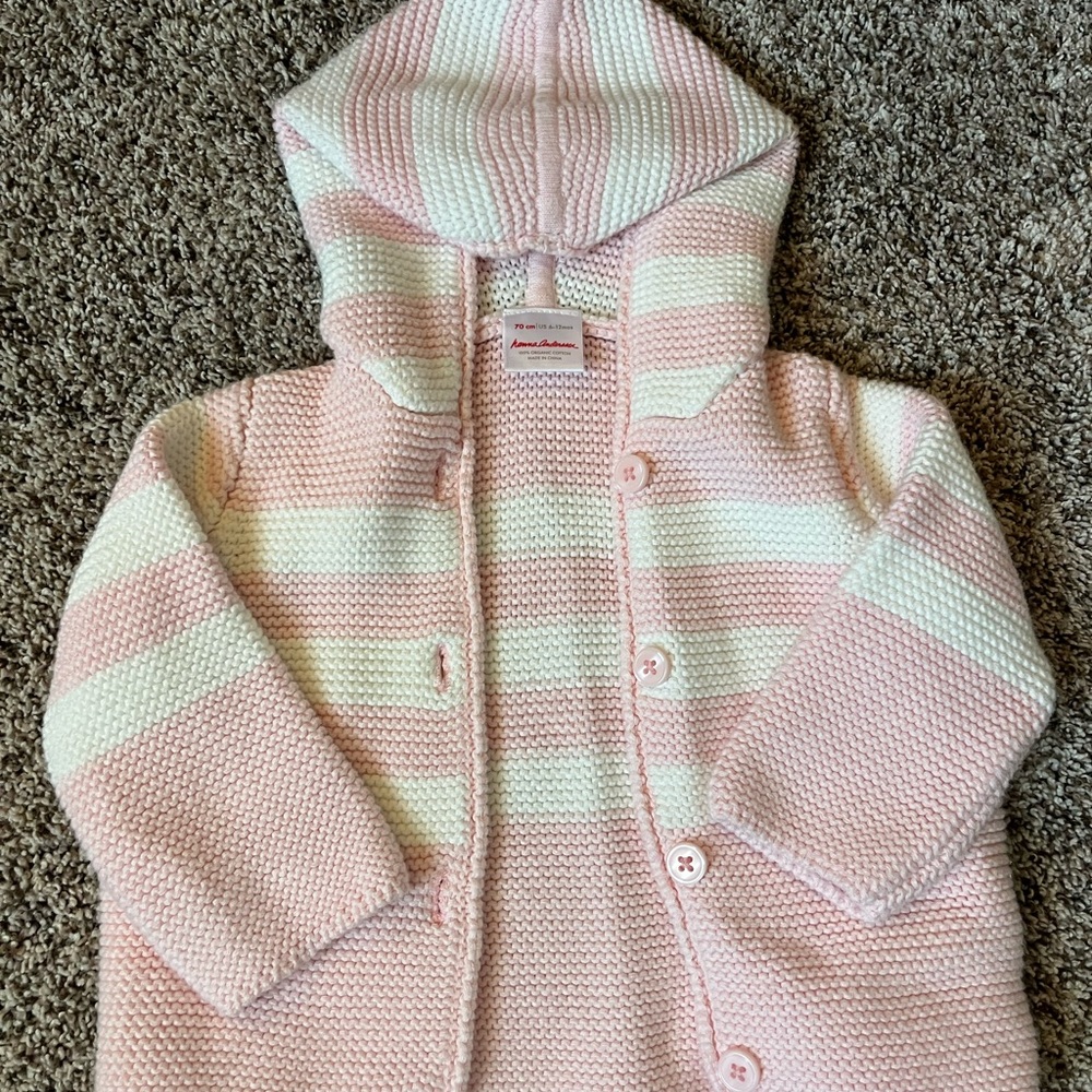 Hanna Andersson Pink and White Striped Hooded Cardigan